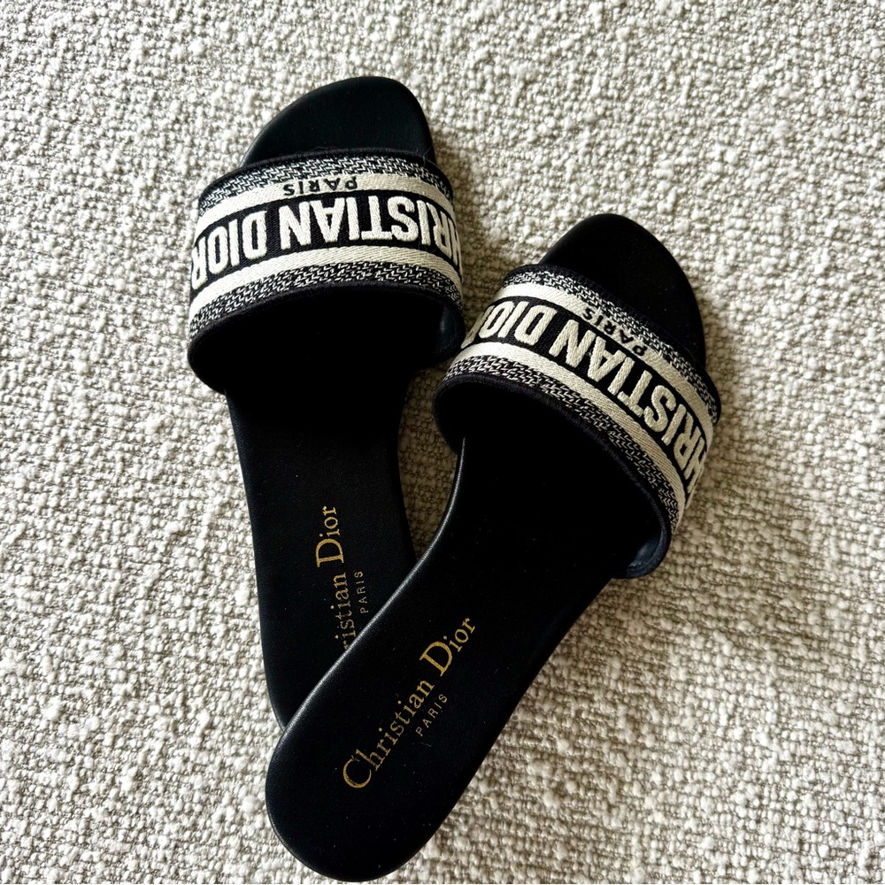 Christian Dior Dway Logo Slides Sandals Black White Size 39